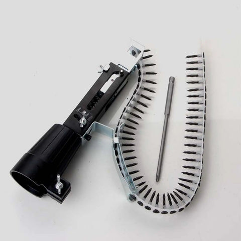 Badass Adjustable Automatic Chain Screw Gun Adapter For Drywall And Plasterboard Auto Feed Nailing Machine Attachment in black with screws.