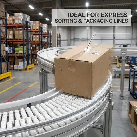 Heavy Duty Pom Ball Bearing Conveyor Chain Flexible Turning Roller Belt Modular Transfer Plate For Industrial Sorting Lines Built Tough With Smooth Operator Rollers That Crush Heavy Workloads, guiding a cardboard box.
