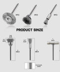 15 Piece Stainless Steel Wire Brush Kit For Dremel And Rotary Tools with pen, cup, wheel shapes on 1/8 inch mandrel shown in sizes.