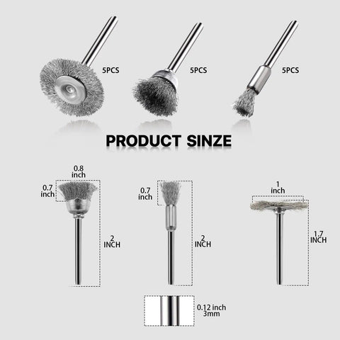 15 Piece Stainless Steel Wire Brush Kit For Dremel And Rotary Tools with pen, cup, wheel shapes on 1/8 inch mandrel shown in sizes.