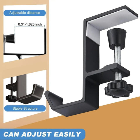 Aluminum Alloy Headphone Stand For Desk Mount, Under Desk Headset Holder And Hook, side view showing screw clamp and hook.