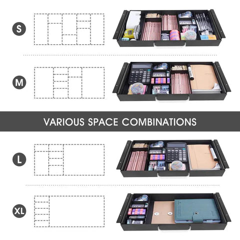 Smooth Operator Under Desk Slide Out Drawer With Split Adjustable Dividers For Pencil And Desk Gear Built For Sit Stand Tables showing various size configurations.