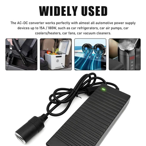 Heavy Duty AC To DC Converter 220V To 12V 15A Car Power Adapter with plug for car appliances like fridges and vacuums.