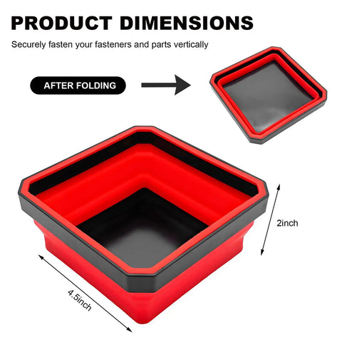 Collapsible Magnetic Parts Tray With Dual Sided Magnetic Base 4.5 Inch Square Metal Organizer shown unfolded and folded