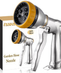 Close-up of heavy duty 100 percent metal hose nozzle with 7 spray patterns, zinc alloy construction, next to packaging box.