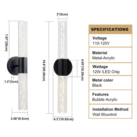 Black Modern LED Vanity Light Fixture Wall Sconce With Bubble Crystal Design Nineteen Point Eight Inch Long specs
