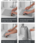 Fantasticlean gray microfiber cleaning cloth roll; four-panel infographic showing how to roll towels around a paper tube.