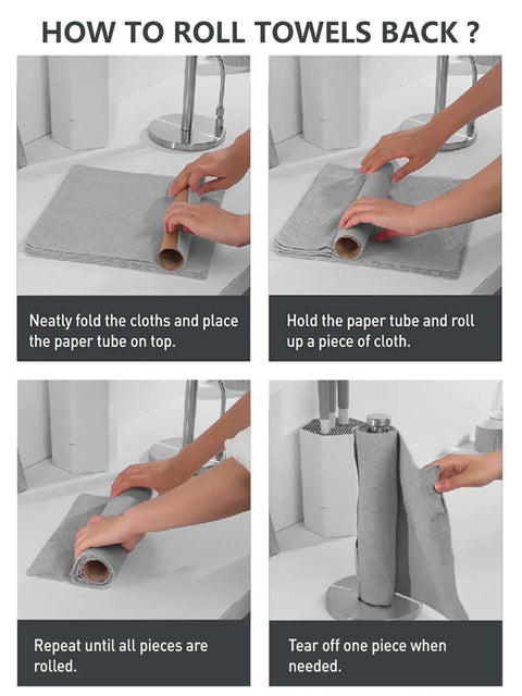 Fantasticlean gray microfiber cleaning cloth roll; four-panel infographic showing how to roll towels around a paper tube.