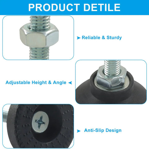 Heavy Duty M10 Thread Adjustable Furniture Leveling Feet Solid Steel Nylon Legs With Thick Rubber Bottoms close-up on adjustable steel screw and anti-slip rubber base.