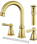 Widespread 3 Hole Brushed Gold Bathroom Faucet With No Splash 8 Inch Center Spout Pop Up Drain And Dual Handle Vanity Sink