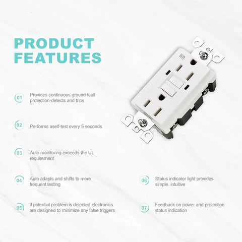 Product features of GFCI Outlet Weather Resistant Tamper Resistant Outdoor Receptacle With Self Test LED Indicator 15 Amp 125 Volt