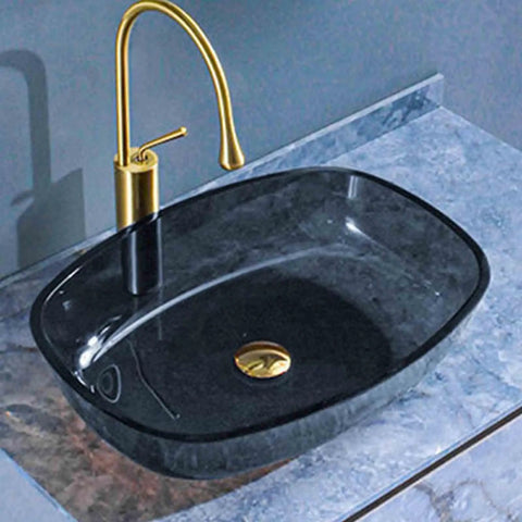 USZWBY Bathroom Vessel Sink, 16 Inch Tempered Glass Gray Wash Basin Bowl, artistic design with brass faucet on countertop.