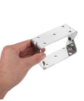 Heavy Duty Steel U Shaped Mounting Braces for Commercial Ovens and Cabinetry held in hand, showcasing silver zinc plated steel construction.