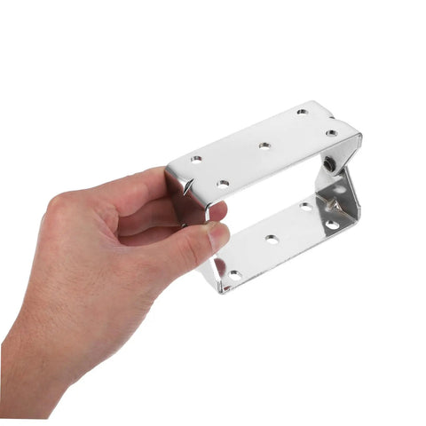 Heavy Duty Steel U Shaped Mounting Braces for Commercial Ovens and Cabinetry held in hand, showcasing silver zinc plated steel construction.
