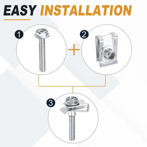 12-Piece M4 Body Bolts And U Nuts Kit For Car Bumpers And Fender Liners, Manganese Steel U Retainers, Plug-And-Play Engine Bay Fasteners, Universal Fit For Most Cars, No-Fuss Install, Heavy-Duty Auto Fastening Accessories. Easy installation diagram of M4 bolt and U nut