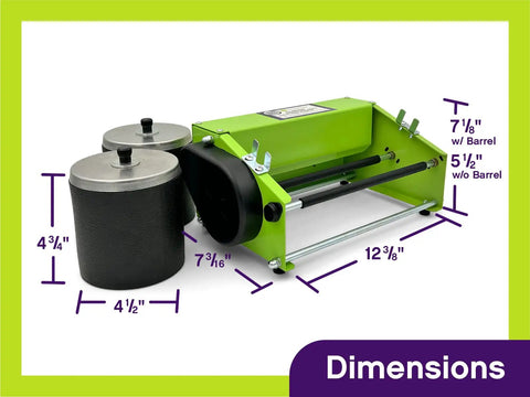 Pro Series Double Barrel Rock Tumbler Kit with dimensions showing green frame and black barrels