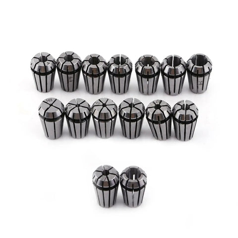 15 Piece ER11 Spring Collet Set Pro Grade High Precision 65Mn Spring Steel displayed in rows