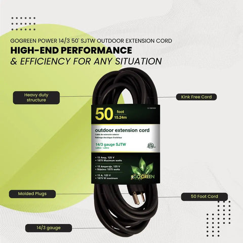 50 Foot Heavy Duty Extension Cord 14 Gauge 3 Wire Black Outdoor SJTW Rated Workhorse Cable with molded plugs and kink-free design.