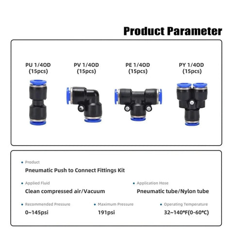 Get 60 Pcs 1/4 Inch Push To Connect Air Hose Fittings Kit For Pneumatic Systems With Quick Assembly No Tools Needed And Compatible With 4 6 8 10 12mm Tubing Perfect For Compressors And Industrial Setup, black 1/4 inch push fit connectors for compressed air and vacuum