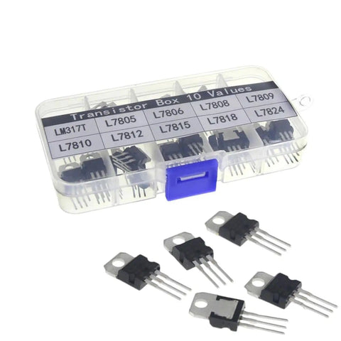 DIY Voltage Regulator Kit For PCB Projects, 50 Piece Assortment With LM317T And L7805 Through L7824 Regulators in clear box.
