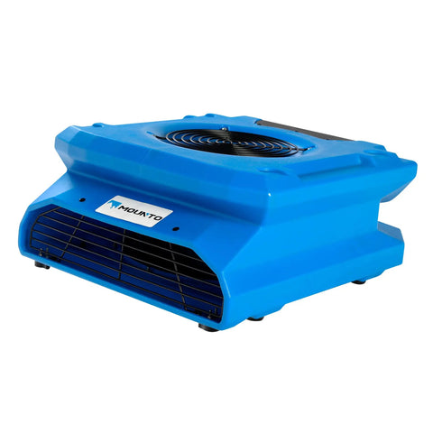 Blue Low Profile Air Mover 0.25 HP, 1200 CFM, 2 Speed Carpet Dryer Floor Fan With Dual GFCI Outlets, stackable design for water damage restoration.