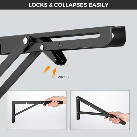 Rugged Matte Black Folding Shelf Brackets showing locking mechanism and easy collapsing design for wall mounted use.