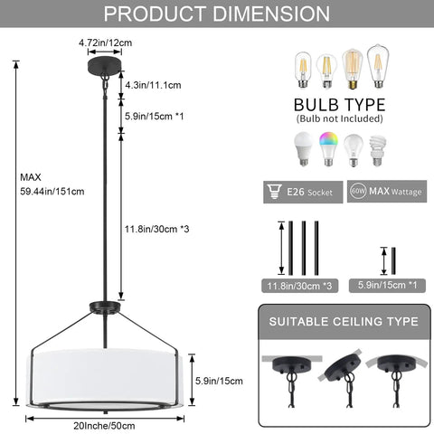Product dimensions for Grab This 20 Inch Drum Chandelier With 5 Lights For Instant Modern Farmhouse Vibes featuring adjustable height.
