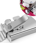Magnetic Seam Guide For Sewing Machine With Adjustable Presser Foot Clip shown in silver, attaching seamlessly onto sewing surface.