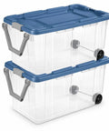 Premium Heavy Duty Wheeled Storage Bins 160 Quart 2 Pack Rolling Carts with clear bodies and blue lids stacked.