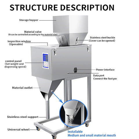 Straight Up Automatic Powder Filler Machine With Digital Display Quick Vibration Tech And Detachable Hopper For Zero Stress Flour And Grain Packing structure description with stainless steel build and control panel.