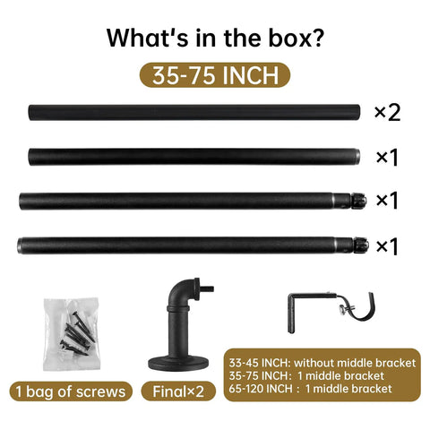 Box contents of Two Pack Heavy Duty Curtain Rod Set For Windows 48 To 84 Inches Blackout Wrap Around Design Five Eighths Inch Diameter