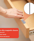 6 Pack Ultra Thin Magnetic Cabinet Door Catches No Drill, punch free stainless steel installed on drawer for secure closure.
