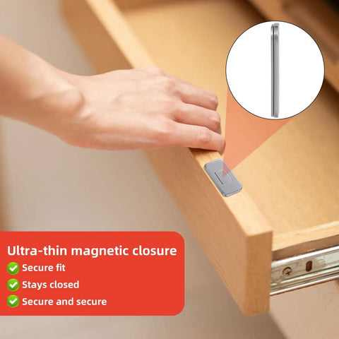 6 Pack Ultra Thin Magnetic Cabinet Door Catches No Drill, punch free stainless steel installed on drawer for secure closure.