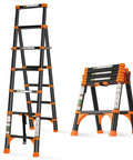 A Frame Telescoping Ladder With One Button Retraction, Aluminum Adjustable Extension Ladder, shown extended and folded