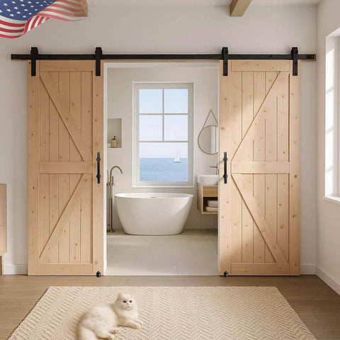 Knotty Pine Barn Door 36 By 84 Inches Unfinished Solid Wood Double Surface With Six Point Six Foot Sliding Hardware Kit shown installed