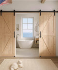 36x84 Inch Unfinished Barn Door With 13Ft Sliding Hardware Kit installed in a bathroom, solid spruce wood, classic brace style