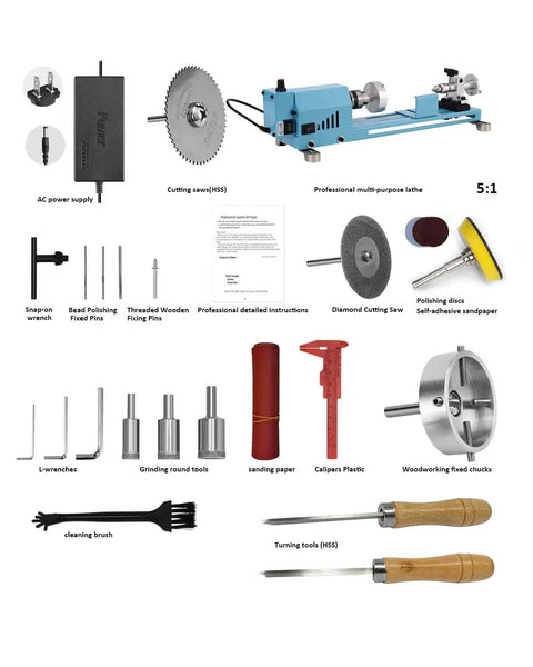 Mini Wood Lathe Machine For Desktop With Infinite Speed Control Perfect For DIY Enthusiasts featuring tools and accessories.