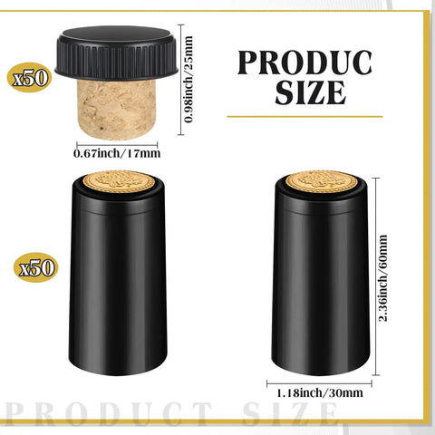 100 Pack Black Wine Bottle Sealers With Solid Airtight Plastic Cork Tops And Quick Squeeze Grip Caps. Sizes shown for corks and caps.