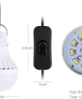 USB LED Light Bulb For Emergency Backup Lighting With USB Power And Solar Charging Outdoor Weatherproof Camping Lantern For Power Outages Works With Power Banks Solar Panels Car Chargers Generators No Batteries Needed, showing bulb dimensions and switch with LED chips