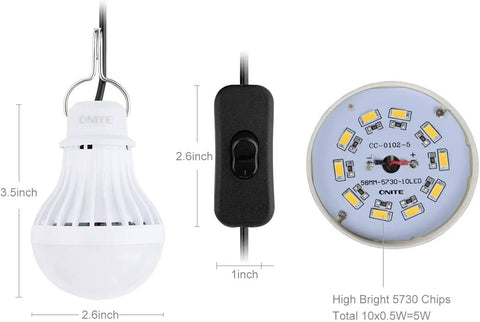 USB LED Light Bulb For Emergency Backup Lighting With USB Power And Solar Charging Outdoor Weatherproof Camping Lantern For Power Outages Works With Power Banks Solar Panels Car Chargers Generators No Batteries Needed, showing bulb dimensions and switch with LED chips