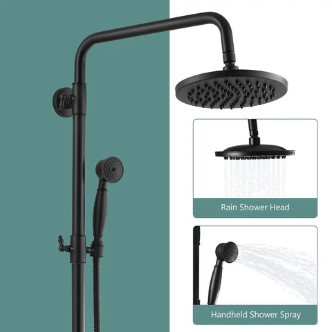 Exposed Pipe Shower System With 8 Inch Rainfall Head, Brass Fixture, Matte Black Finish, Dual Handles, Adjustable Shower Bar