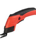 Professional Rechargeable Cordless Electric Scissors Featuring Quick Change Blades For Fabric Leather Cardboard Paper And Crafting Easy One Hand Grip Delivers Sweet Cuts Without Breaking A Sweat Glossy Red - side view showing handle and blades.