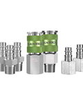 Flexzilla 7-piece high-flow air coupler and plug kit with green knurled connectors, 3/8 in NPT, push-to-connect.