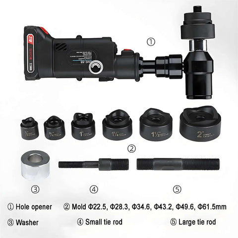 Rechargeable Hydraulic Hole Punch Kit with six dies, 21V battery, and tie rods displayed for metal punching, 22-60 mm holes, 80KN force