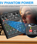 XR4 Pro 4 Channel DJ Mixer With Built In DSP 99 Effects Bluetooth 5.0 shown with close-up of control panel and phantom power feature