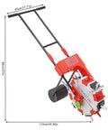 Six Row Hand Push Garden Seeder With Precision Seed Metering And Adjustable Depth And Spacing, side view, dimensions marked