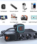 Heavy Duty Cigarette Lighter Splitter With 45W Retractable Type C Car Charger Cable, showing multiple devices powered by splitter.