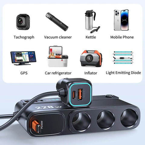 Heavy Duty Cigarette Lighter Splitter With 45W Retractable Type C Car Charger Cable, showing multiple devices powered by splitter.