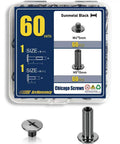 Pro Grade Heavy Duty Chicago Screws M5x15mm Gunmetal Black Cap Fasteners in a pack with two displayed screws on a clear background.