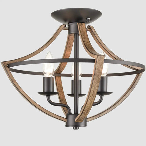 Industrial Ceiling Light Fixture Semi Flush Mount Three Light Black Wood Grain Farmhouse Light Fixture Vintage Ceiling Light For Hallway Bedroom Kitchen Foyer Rustic Metal Canopy with three bulbs.